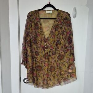 Anthropologie Mustard Floral Sheer V-Neck Tunic
